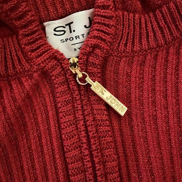 St. John Sport Zip Front Sweater Jacket Hooded Brick Red 3/4 Sleeves Medium - Picture 3 of 7
